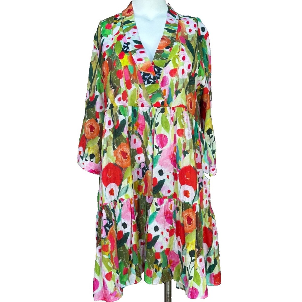 LIOR PARIS Dolly Floral Dress M VNeck 3/4 Sleeve Tiered Colorful Red Green Artsy